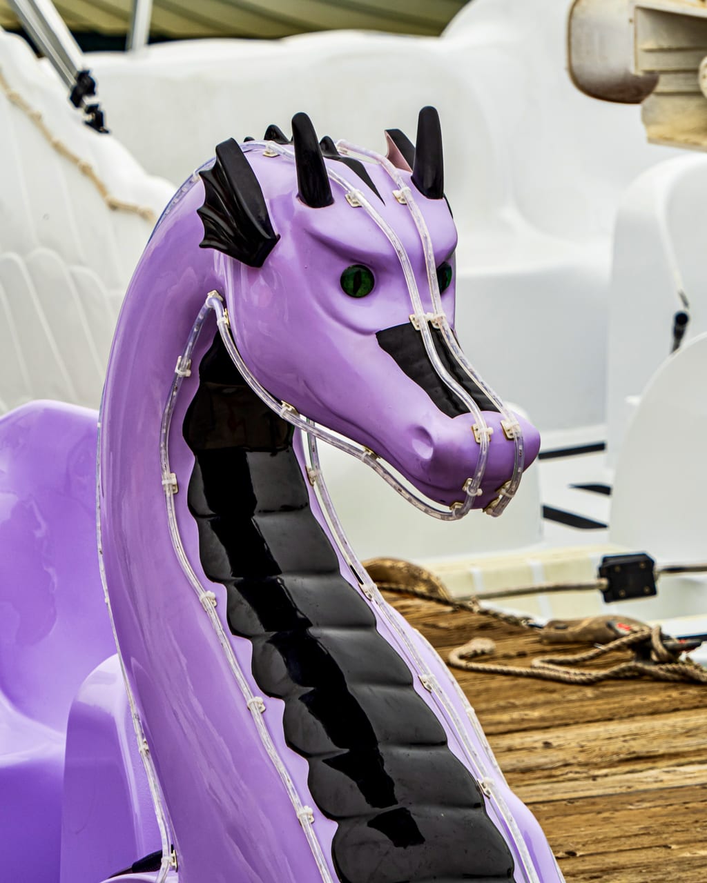 Close-up of the carved head on a purple dragon pedal boat